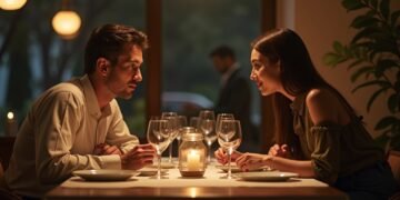 Couple discussing important topics during dinner in a cozy setting.