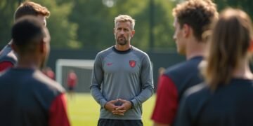 مدرب كرة القدم دانيال تيوني أثناء حديثه مع اللاعبين في تدريب بمقر نادي فيردر بريمن.