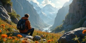 صورة لفتى يلعب لعبة مغامرات بشكل مثير وسط مناظر طبيعية خلابة