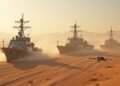 تصوير واقعي للتجمع العسكري الأمريكي في منطقة صحراوية مع سفن حربية وطائرات