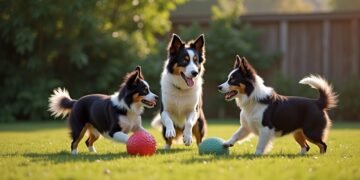Border Collies interacting with toys in a playful setting