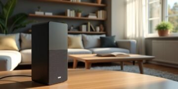 جهاز إيكو دوت ماكس في غرفة معيشة حديثة مع إضاءة طبيعية.