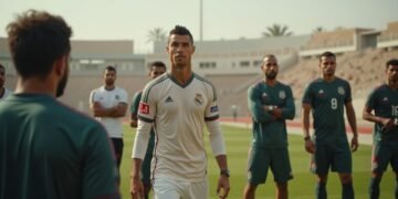 ملعب كرة القدم في السعودية مع كريستيانو رونالدو في وضعية جدلية، محاطاً بالصحفيين الرياضيين.
