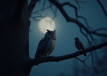 An owl resting at night and an early bird in the morning on separate branches