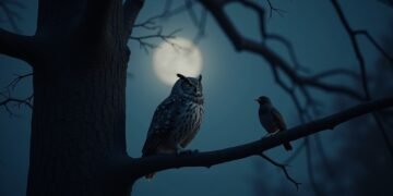 An owl resting at night and an early bird in the morning on separate branches