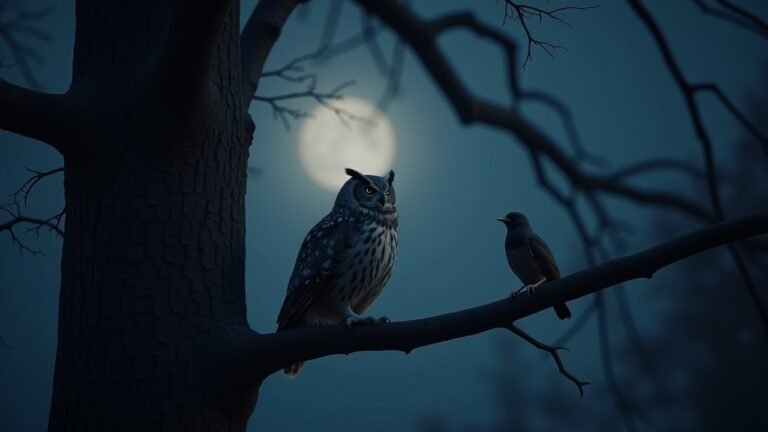 An owl resting at night and an early bird in the morning on separate branches