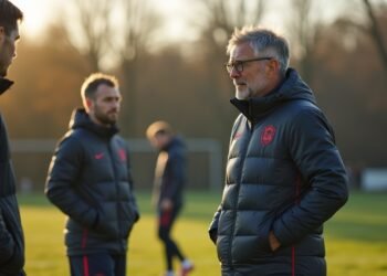 مدير كرة القدم يتحدث عن التكتيكات مع اللاعبين في ساحة التدريب