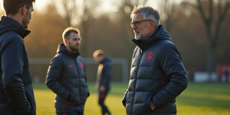 مدير كرة القدم يتحدث عن التكتيكات مع اللاعبين في ساحة التدريب