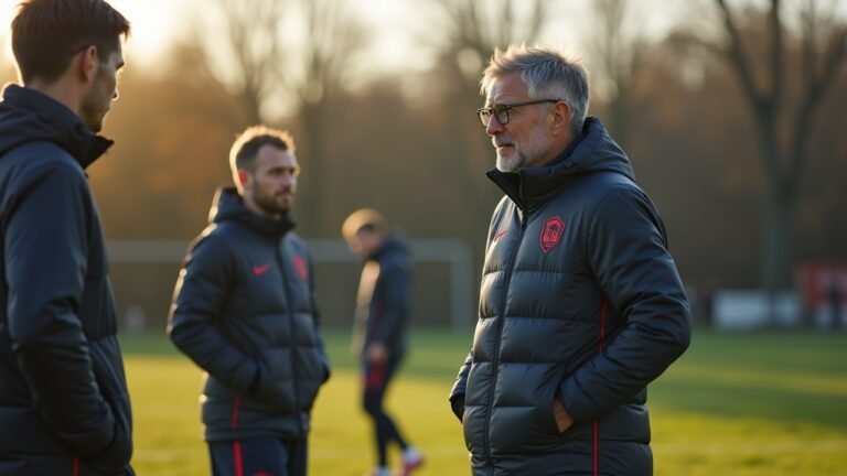مدير كرة القدم يتحدث عن التكتيكات مع اللاعبين في ساحة التدريب