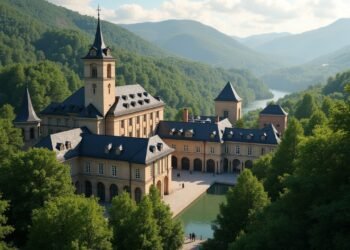 A beautiful view of spa buildings in Baden-Baden, highlighting its thermal springs and lush surroundings.