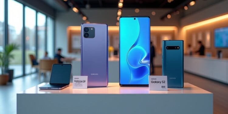 A Samsung store displaying the latest Galaxy S26 phones with pricing information.