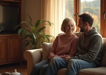 A couple sitting together in a cozy living room, engaged in a heartfelt conversation, depicting emotional connection and communication in relationships.