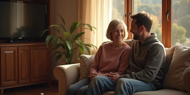 A couple sitting together in a cozy living room, engaged in a heartfelt conversation, depicting emotional connection and communication in relationships.