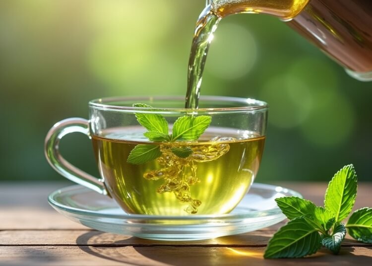 صورة واقعية لكوب من شاي النعناع الأخضر في بيئة طبيعية