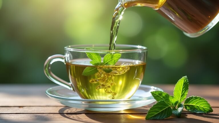 صورة واقعية لكوب من شاي النعناع الأخضر في بيئة طبيعية