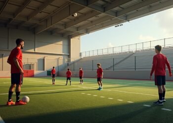 أكاديمية لتدريب الشباب في كاليفورنيا، مع مدربين ولاعبين خلال جلسة تدريبية.