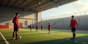 أكاديمية لتدريب الشباب في كاليفورنيا، مع مدربين ولاعبين خلال جلسة تدريبية.