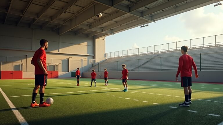 أكاديمية لتدريب الشباب في كاليفورنيا، مع مدربين ولاعبين خلال جلسة تدريبية.