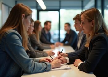 Scene depicting a licensing office in Germany where individuals are exchanging driving licenses.