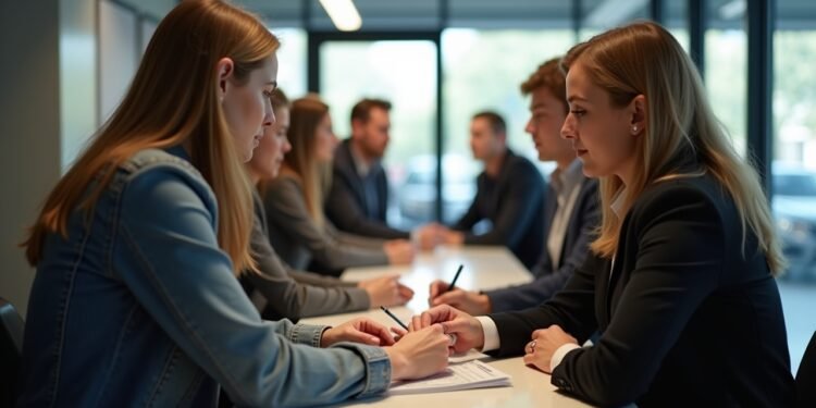 Scene depicting a licensing office in Germany where individuals are exchanging driving licenses.
