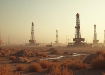 صورة لحقول نفط عراقية مع معدات حفر في بيئة مضطربة