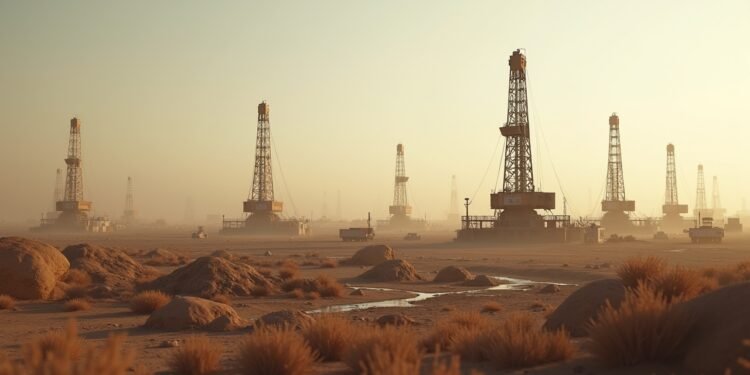 صورة لحقول نفط عراقية مع معدات حفر في بيئة مضطربة