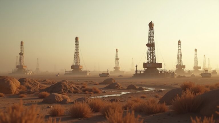 صورة لحقول نفط عراقية مع معدات حفر في بيئة مضطربة