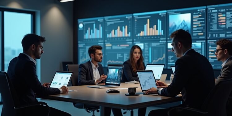 صورة لمكتب تقني مزدحم مع موظفين يناقشون الأمن السيبراني