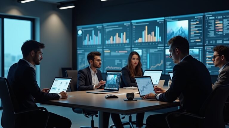 صورة لمكتب تقني مزدحم مع موظفين يناقشون الأمن السيبراني