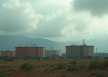 A landscape showing oil tanks and fields in Venezuela.