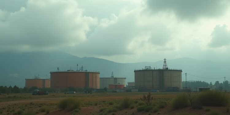 A landscape showing oil tanks and fields in Venezuela.