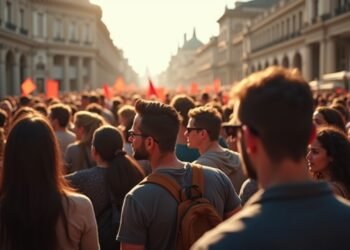 صورة واقعية لمجموعة متنوعة من الناس يحتجون ضد الفساد في ساحة مدينة