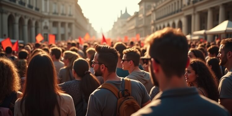 صورة واقعية لمجموعة متنوعة من الناس يحتجون ضد الفساد في ساحة مدينة
