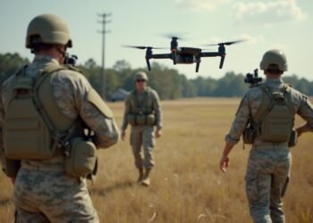 صورة تضم أفراد الجيش الأمريكي أثناء تدريب على طائرات الدرون C100 في قاعدة فورت ستيوارت، توضح تفاصيل العمل العسكري الجاد.