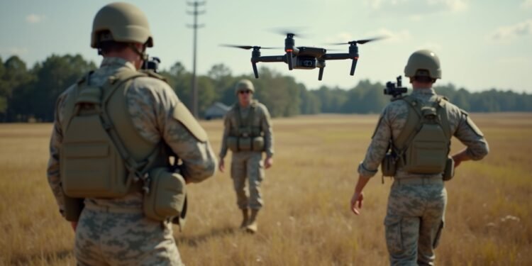 صورة تضم أفراد الجيش الأمريكي أثناء تدريب على طائرات الدرون C100 في قاعدة فورت ستيوارت، توضح تفاصيل العمل العسكري الجاد.