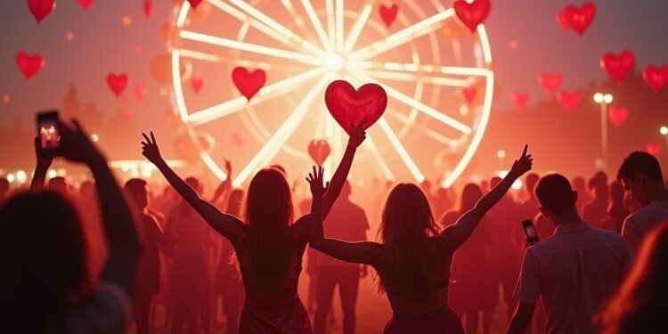 تجمع حشود من الناس في احتفال عيد الحب يتداخل مع احتفالات الكرنفال