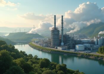 صورة لمصنع صناعي يقوم بتحويل الأمونيا إلى هيدروجين، مع وجود مصادر طاقة متجددة في الخلفية.