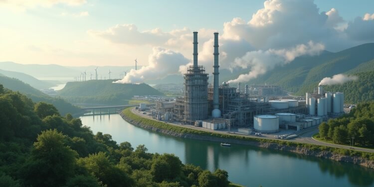 صورة لمصنع صناعي يقوم بتحويل الأمونيا إلى هيدروجين، مع وجود مصادر طاقة متجددة في الخلفية.