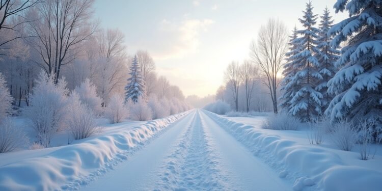منظر طبيعي شتوي في أوكرانيا مع تساقط الثلوج وأشعة الشمس