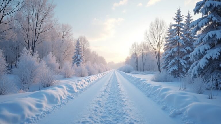 منظر طبيعي شتوي في أوكرانيا مع تساقط الثلوج وأشعة الشمس