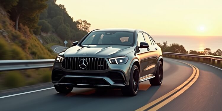 صورة مذهلة لسيارة مرسيدس أمجي جي إل سي 53 كوبيه 2027 على طريق ذو مناظر طبيعية