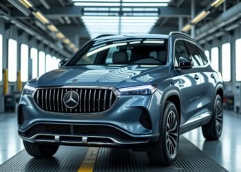 Long view of a modern Mercedes SUV-minivan hybrid being manufactured in a factory in Hungary