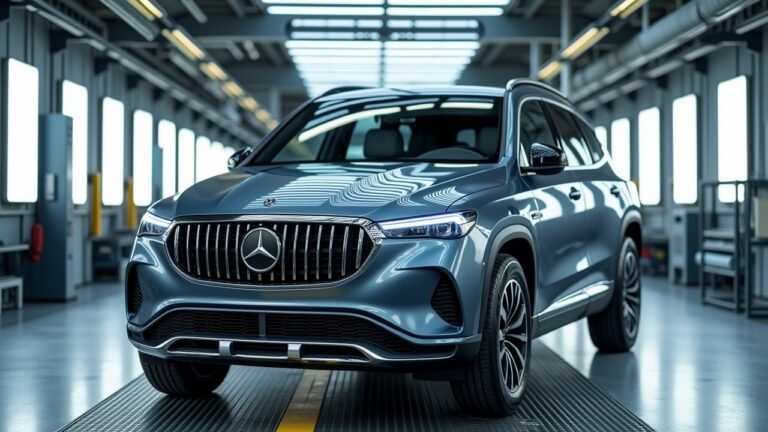 Long view of a modern Mercedes SUV-minivan hybrid being manufactured in a factory in Hungary