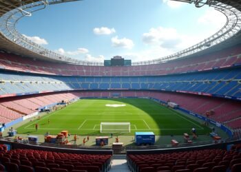 صورة حقيقية لملعب سبوتيفاي كامب نو أثناء أعمال التجديد، تظهر العمال والمشجعين.