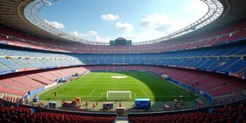 صورة حقيقية لملعب سبوتيفاي كامب نو أثناء أعمال التجديد، تظهر العمال والمشجعين.