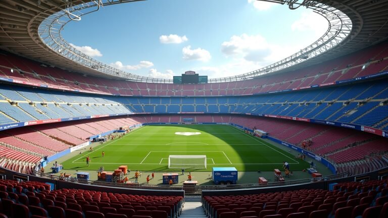 صورة حقيقية لملعب سبوتيفاي كامب نو أثناء أعمال التجديد، تظهر العمال والمشجعين.