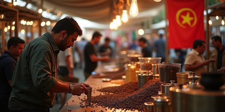 معرض الشوكولاته والقهوة في أوران مع أكشاك تعرض القهوة والفواكه