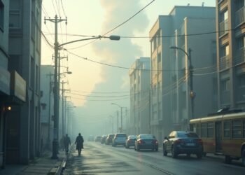 A view of a polluted city skyline showing smog and haze, reflecting air quality issues.