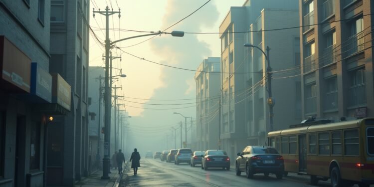 A view of a polluted city skyline showing smog and haze, reflecting air quality issues.