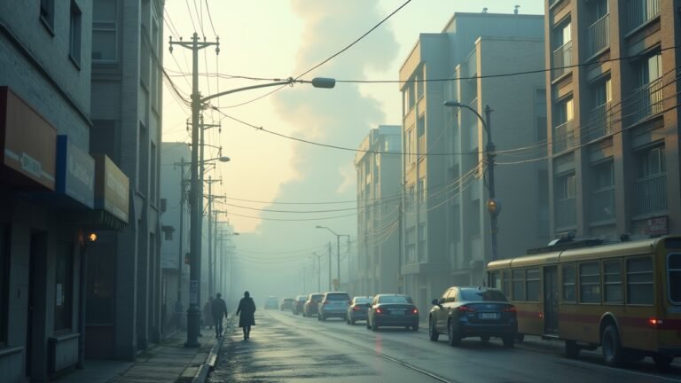 A view of a polluted city skyline showing smog and haze, reflecting air quality issues.